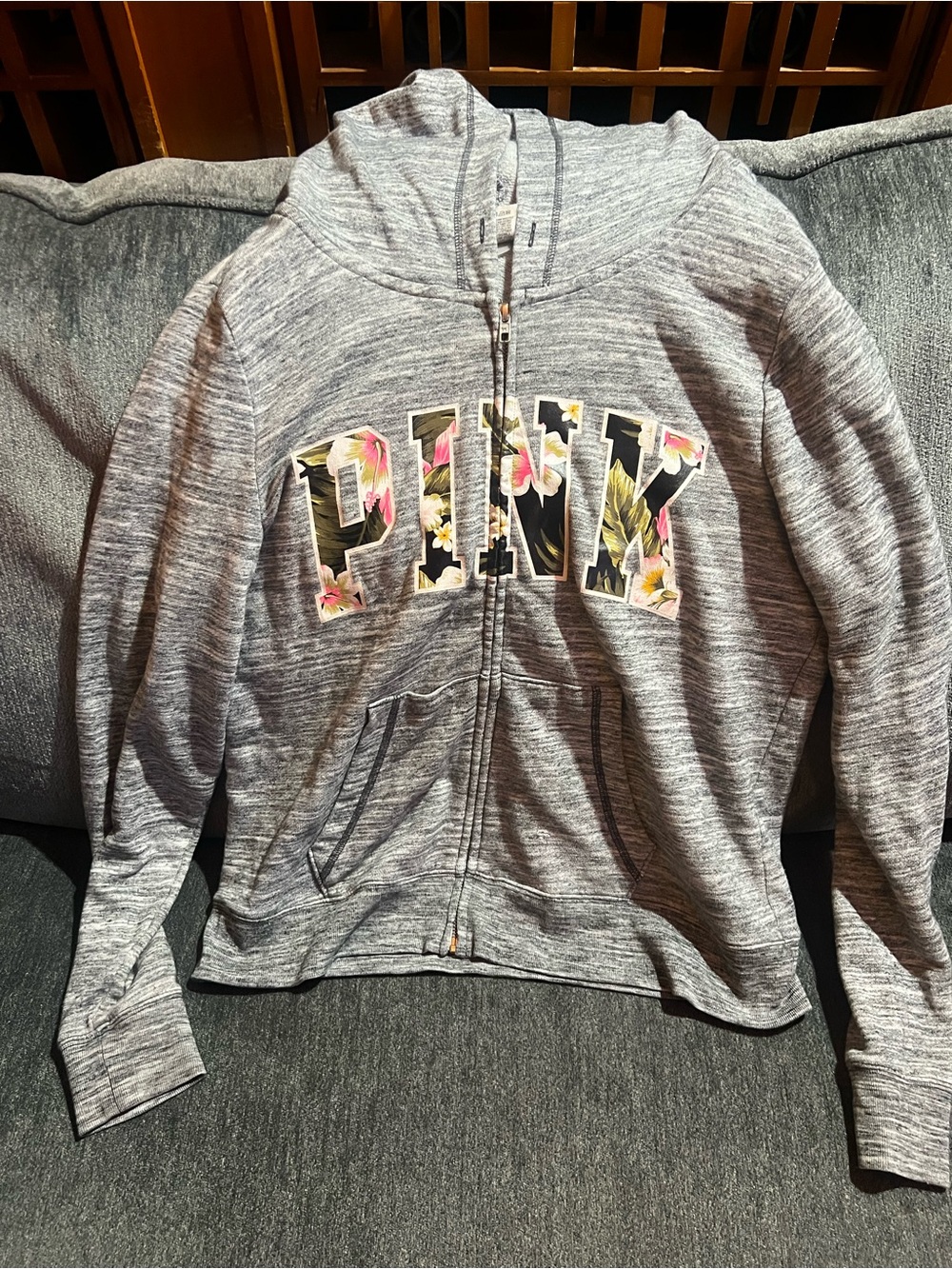 Victoria's Secret PINK Heather Gray Zip-Up Hoodie with Floral Lettering